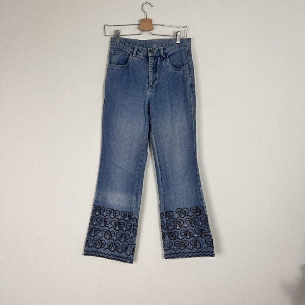 Vintage 90 Spiegel Life Denim Jeans 28” Waist Size 6 Boot Cut Flare Beaded Cuffs
